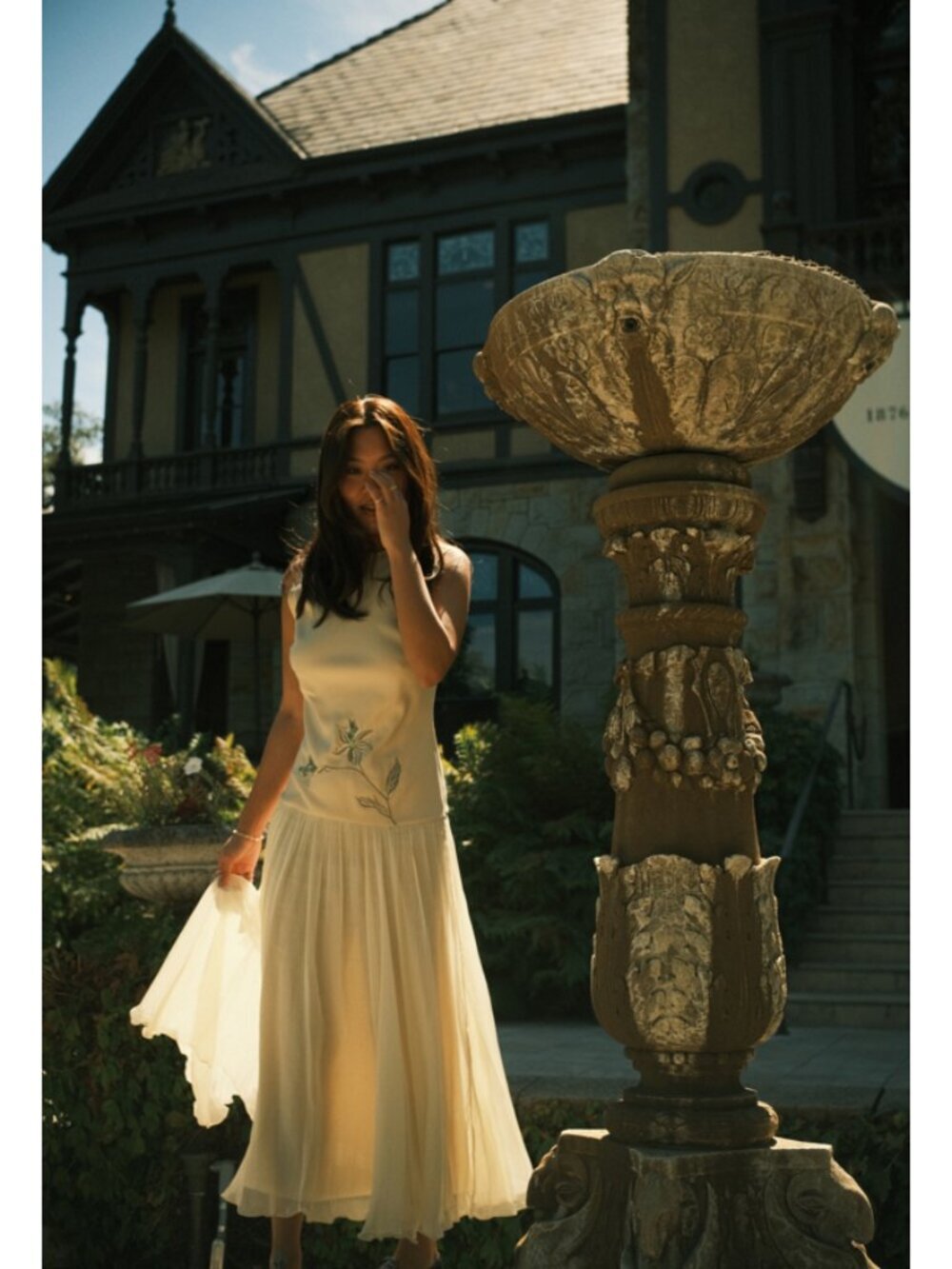 GEISHA DESIGNS Anthropologie Drop Waist Embroidered Maxi Dress in Light Yellow